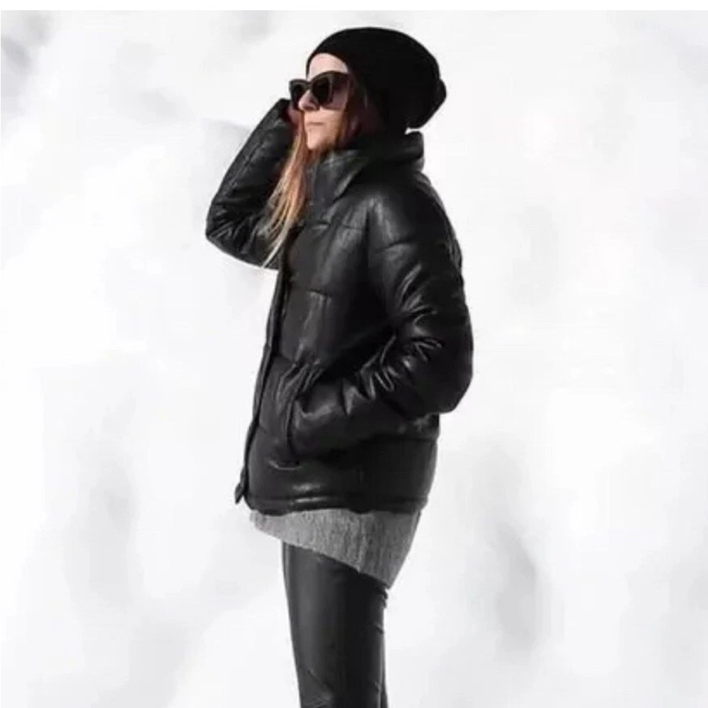 7 For All Mankind Black Faux Leather Puffer Jacket size xs
